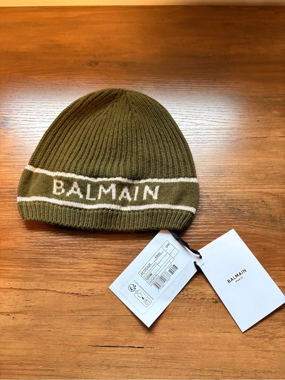 Balmain Paris Logo Knit Beanie / Toque Olive Green BNWT Authentic